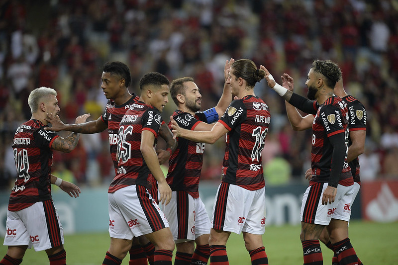 Jogadores do Flamengo comemoram gol marcado contra o Talleres pela Libertadores (Foto: Marcelo Cortes/Flamengo)