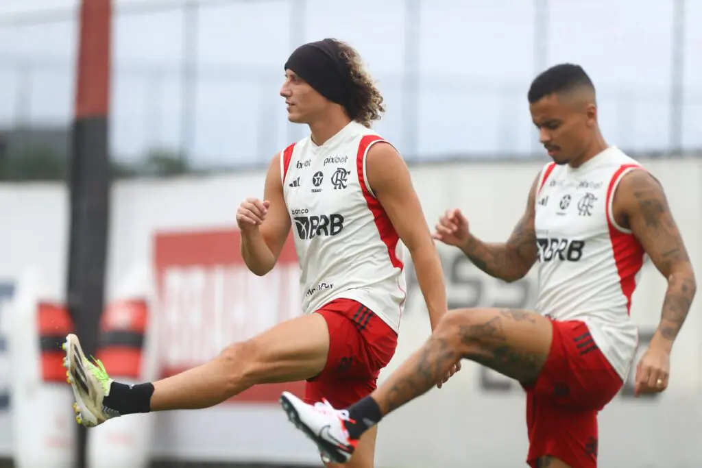 David Luiz e Allan em treino do Flamengo no Ninho do Urubu (Foto: Gilvan de Souza /Flamengo)